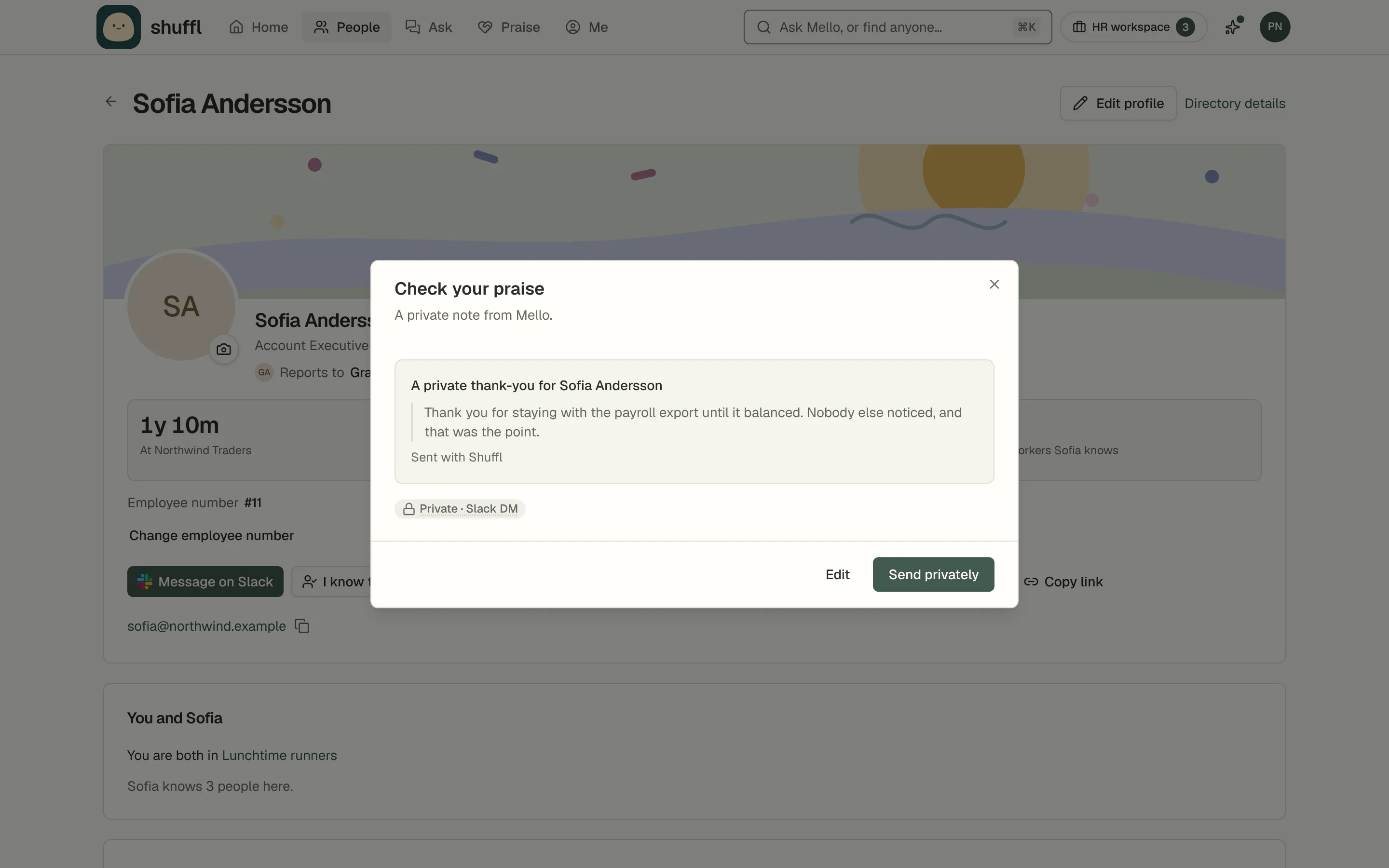 Reviewing praise for Sofia Andersson, who prefers private thanks: a preview titled A private thank-you, a Private · Slack DM chip, a Send as a private note switch and a Send privately button.