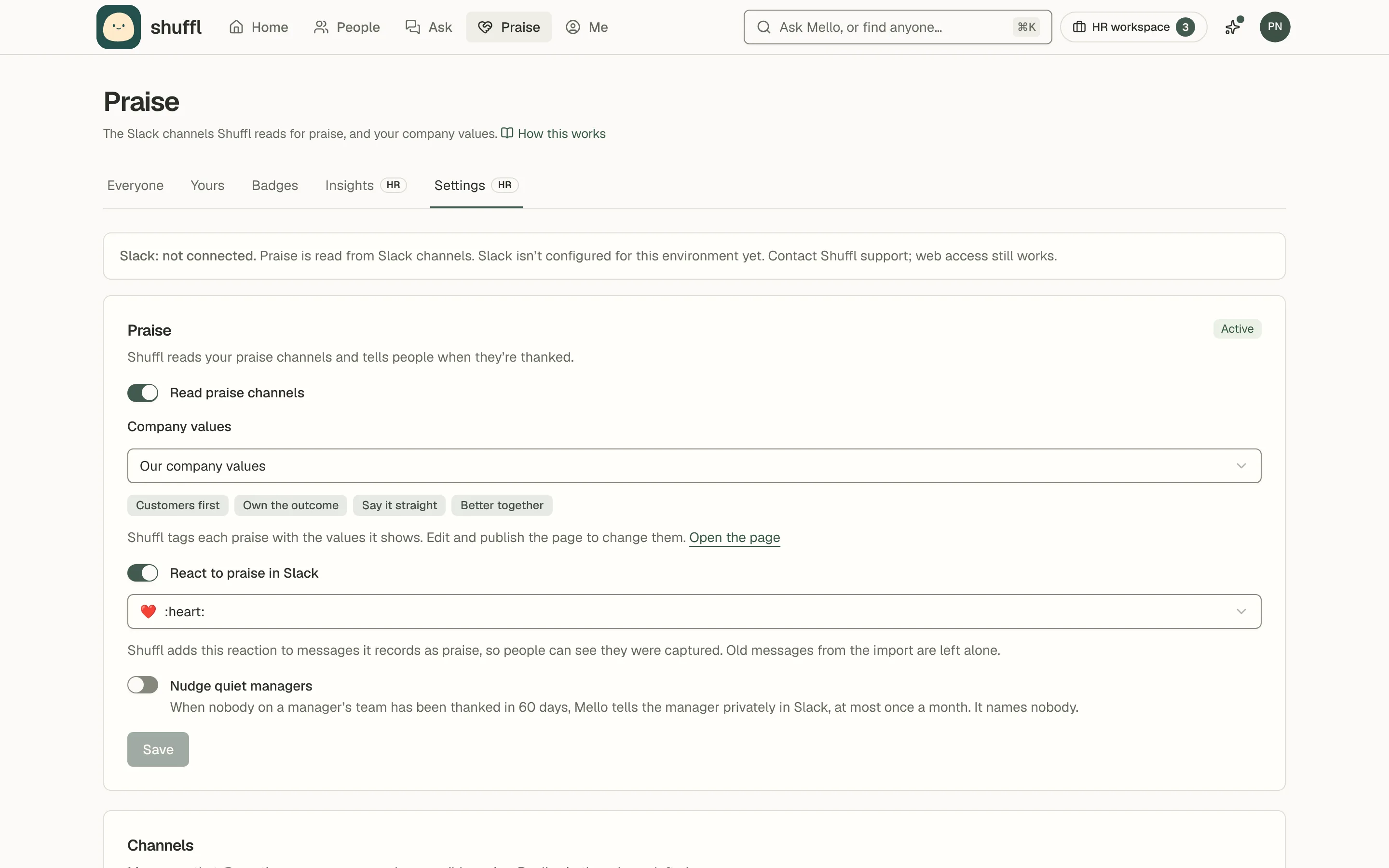 Praise settings: a Read praise channels switch, a Company values card pointing at a Knowledge page, the emoji Shuffl reacts with, and the list of channels it reads with Add a channel.