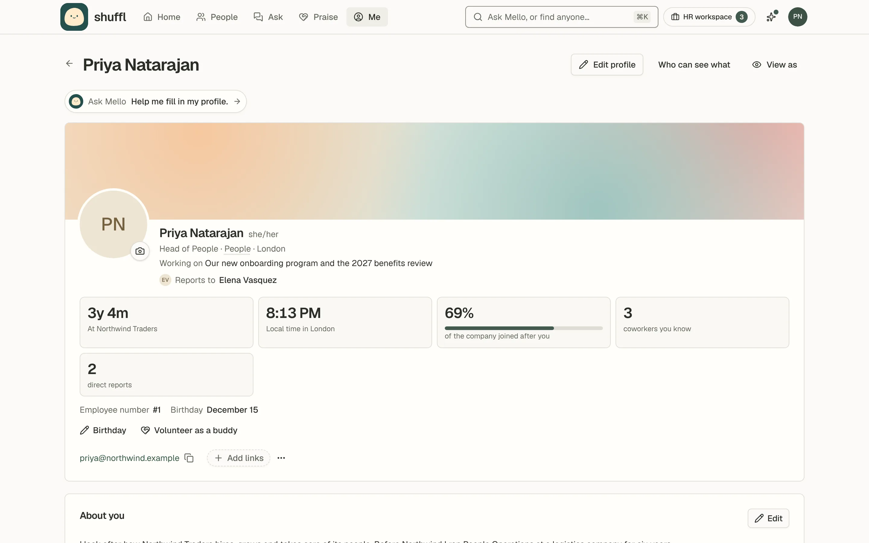 Priya Natarajan’s own profile on desktop and phone: a cover picture, photo, title and team, quick stats for manager, start date and local time, then cards for what she is working on, what to ask her about, praise she received, badges and job history.