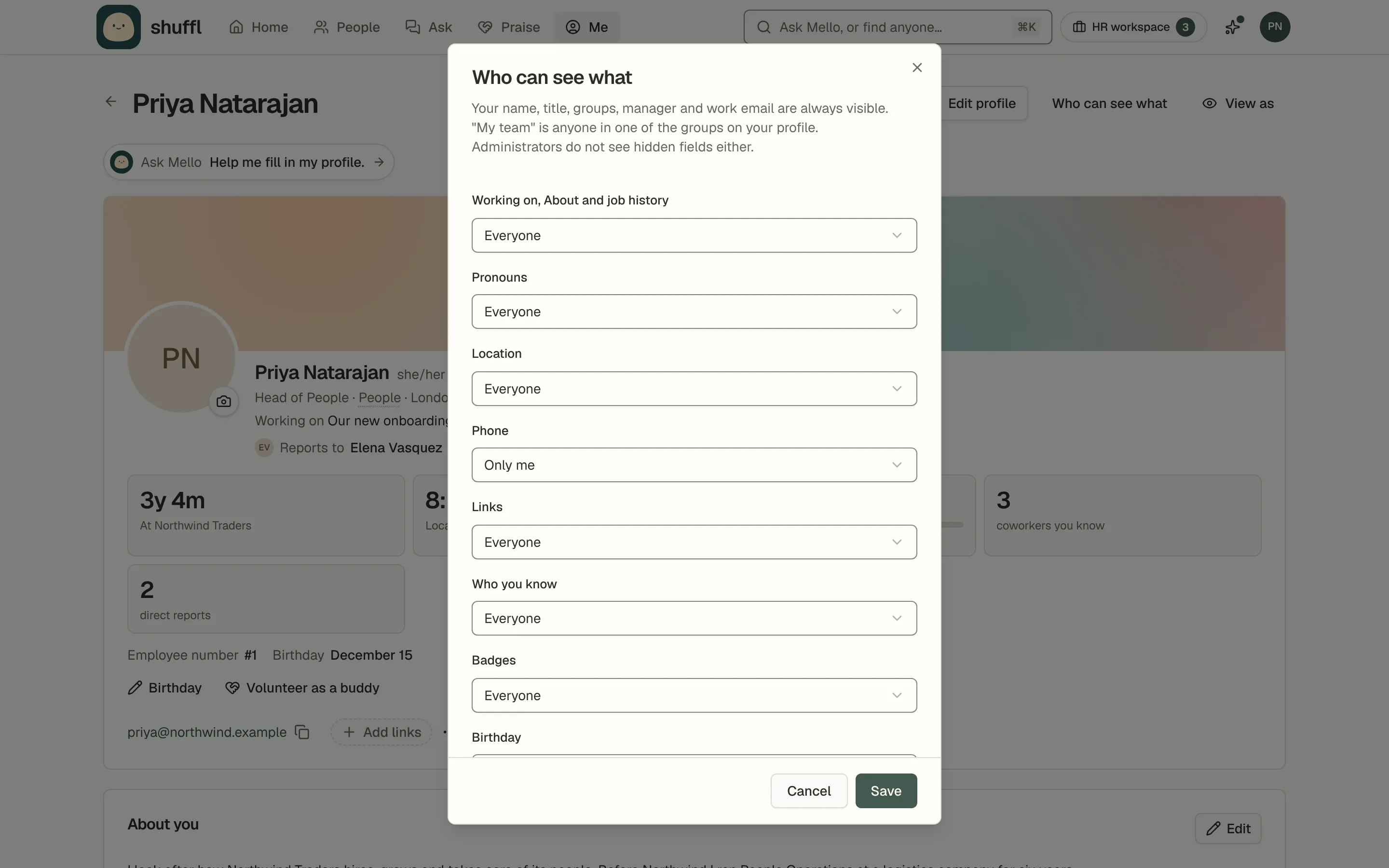 The Who can see what dialog on your own profile: a choice of Everyone, My team or Only me for each field, such as pronouns, location, phone, links, badges and birthday.