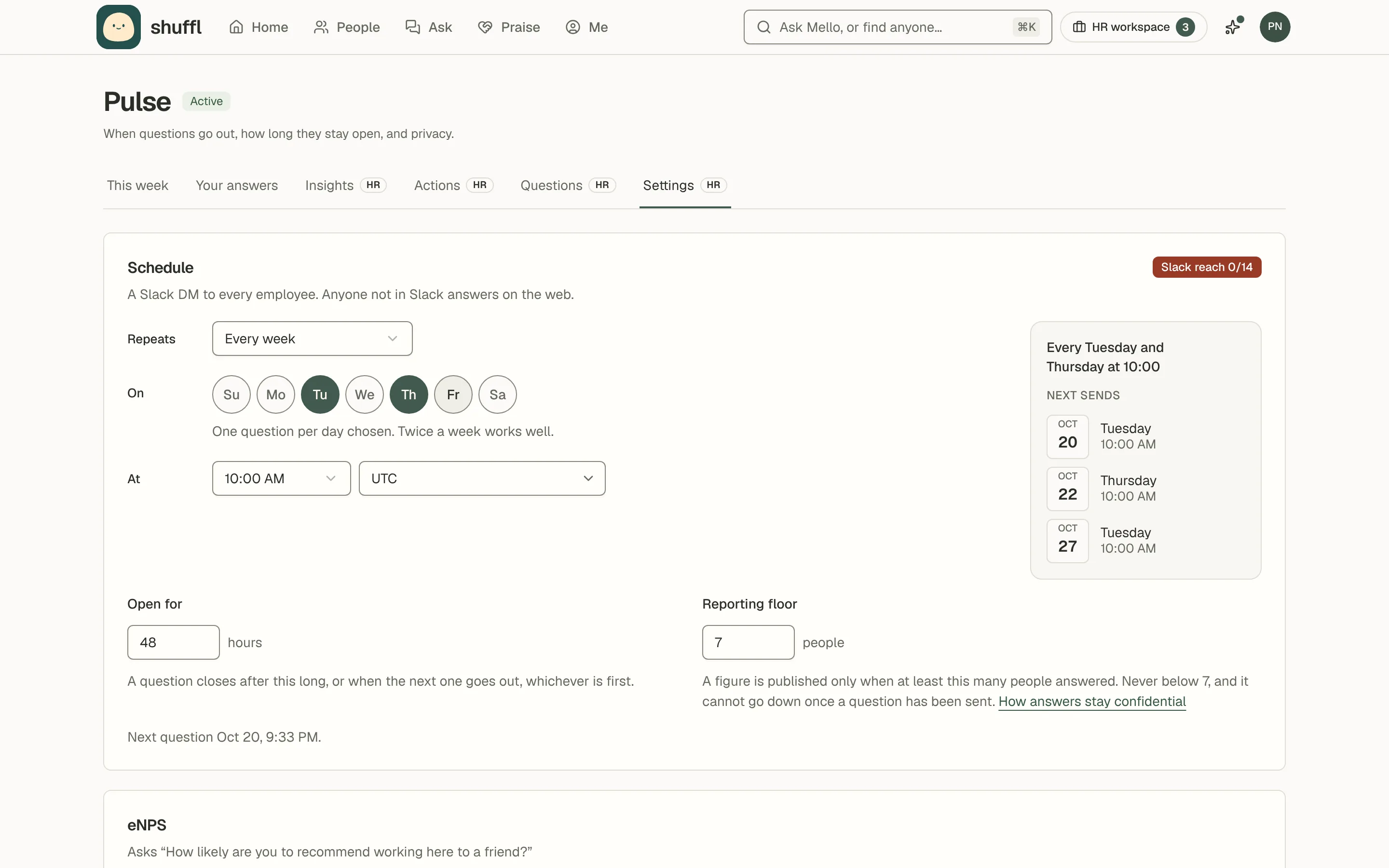 Pulse settings: the schedule with send days, time and time zone, how long a question stays open, the reporting floor, the eNPS cadence, the AI summary switch and Share results.