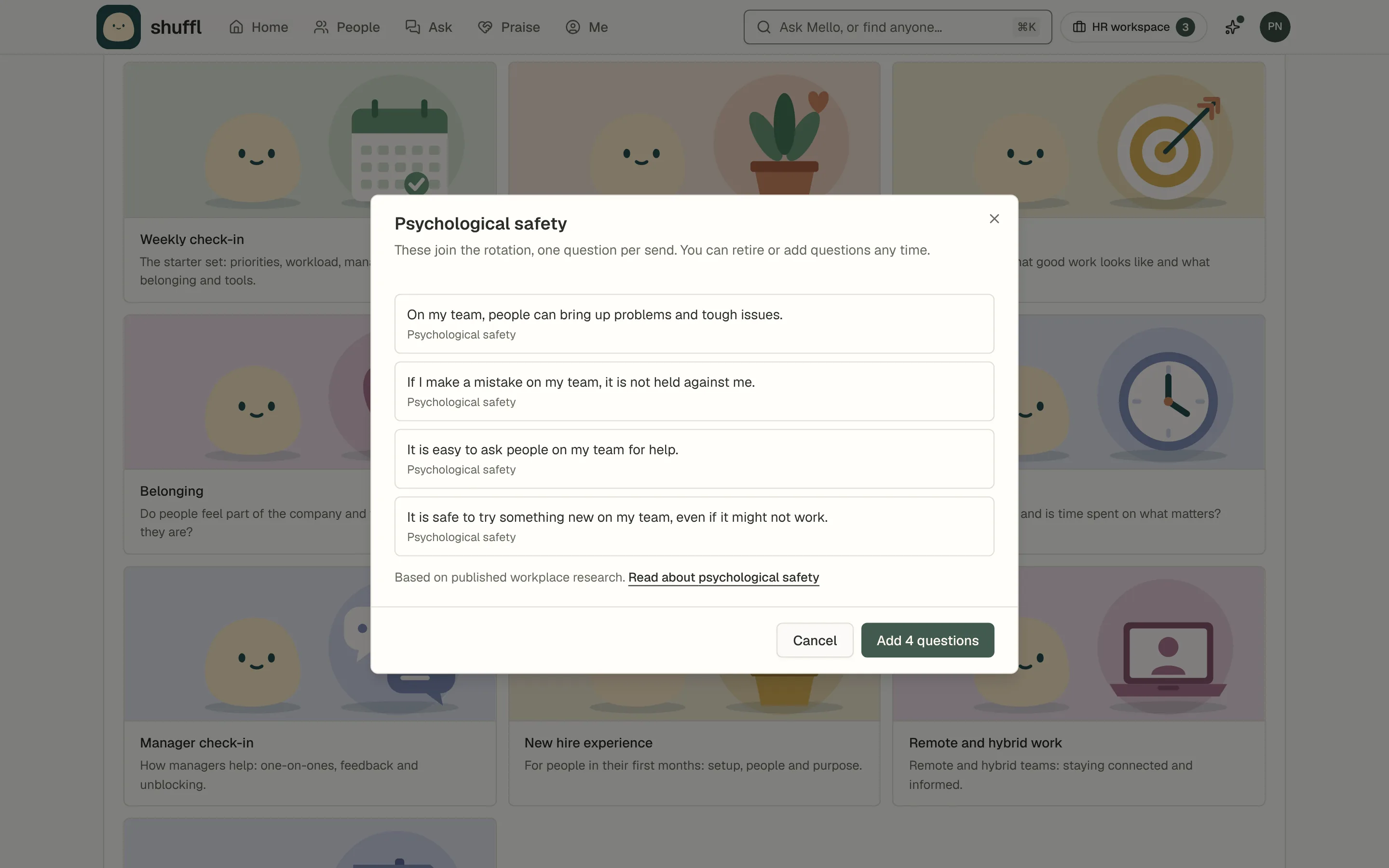 The Psychological safety question set open over Pulse questions: four questions, each marked with its driver, a note that the set is based on published workplace research with a link to read about psychological safety, and an Add 4 questions button.