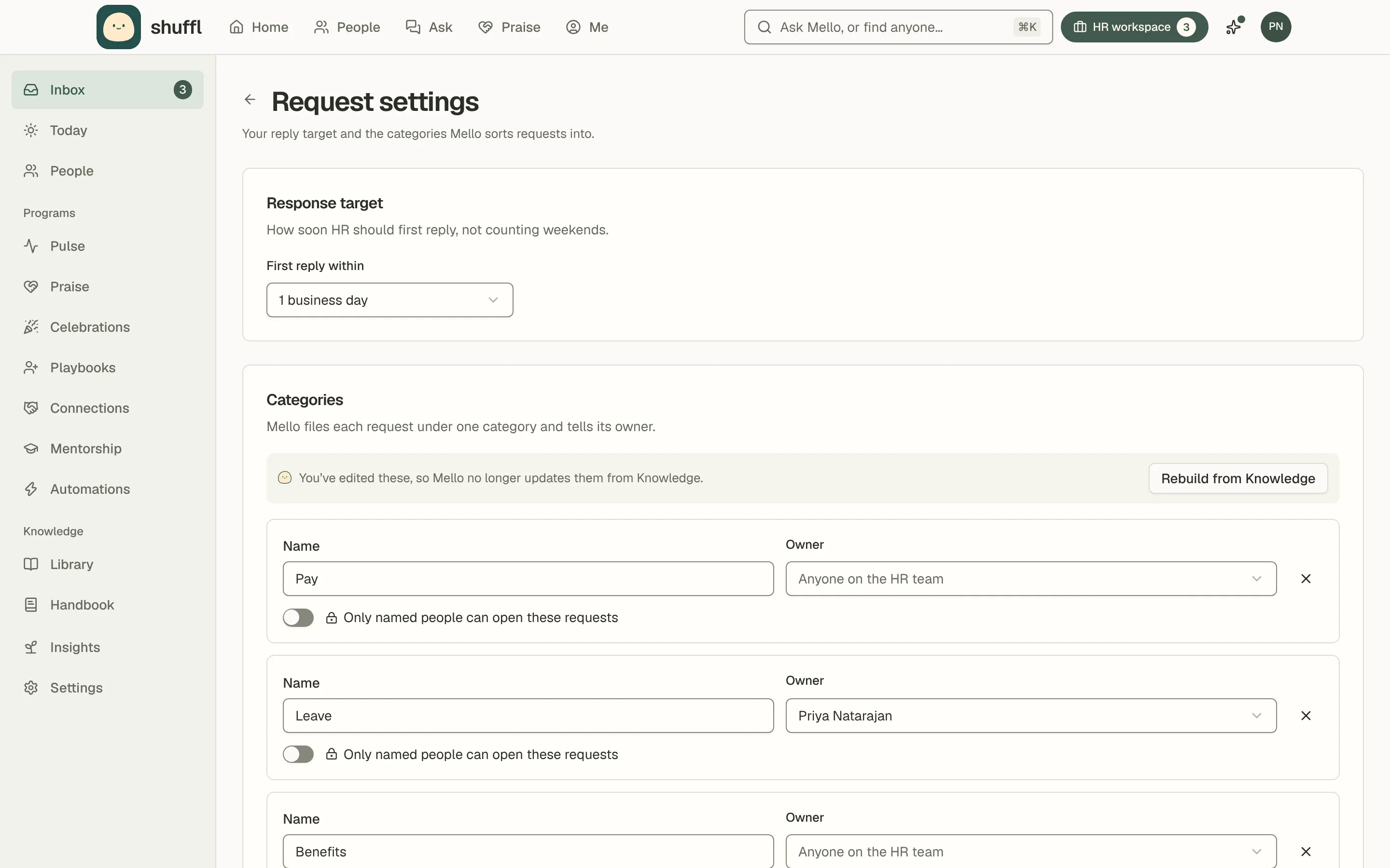 Requests settings: a response target of one business day, and a list of categories (Pay, Leave, Benefits, Letters, Personal details and Employee relations), each with an owner, where Employee relations opens only for one named responder.