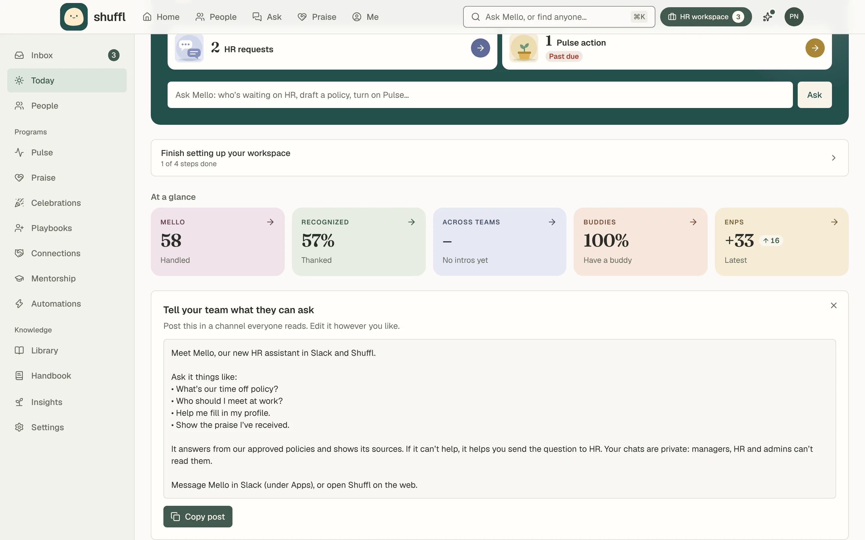 The Today page with the Tell your team what they can ask card: a ready-made post introducing Mello with example questions, a Copy post button and a dismiss button.