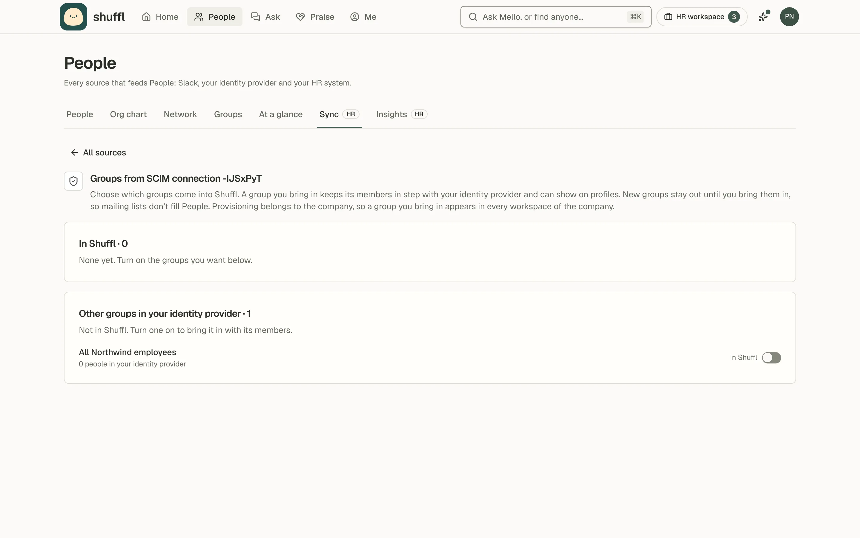 People → Sync showing a SCIM connection’s groups: each group the identity provider pushed, with how many people it holds and an In Shuffl switch to bring it into Shuffl as a group.