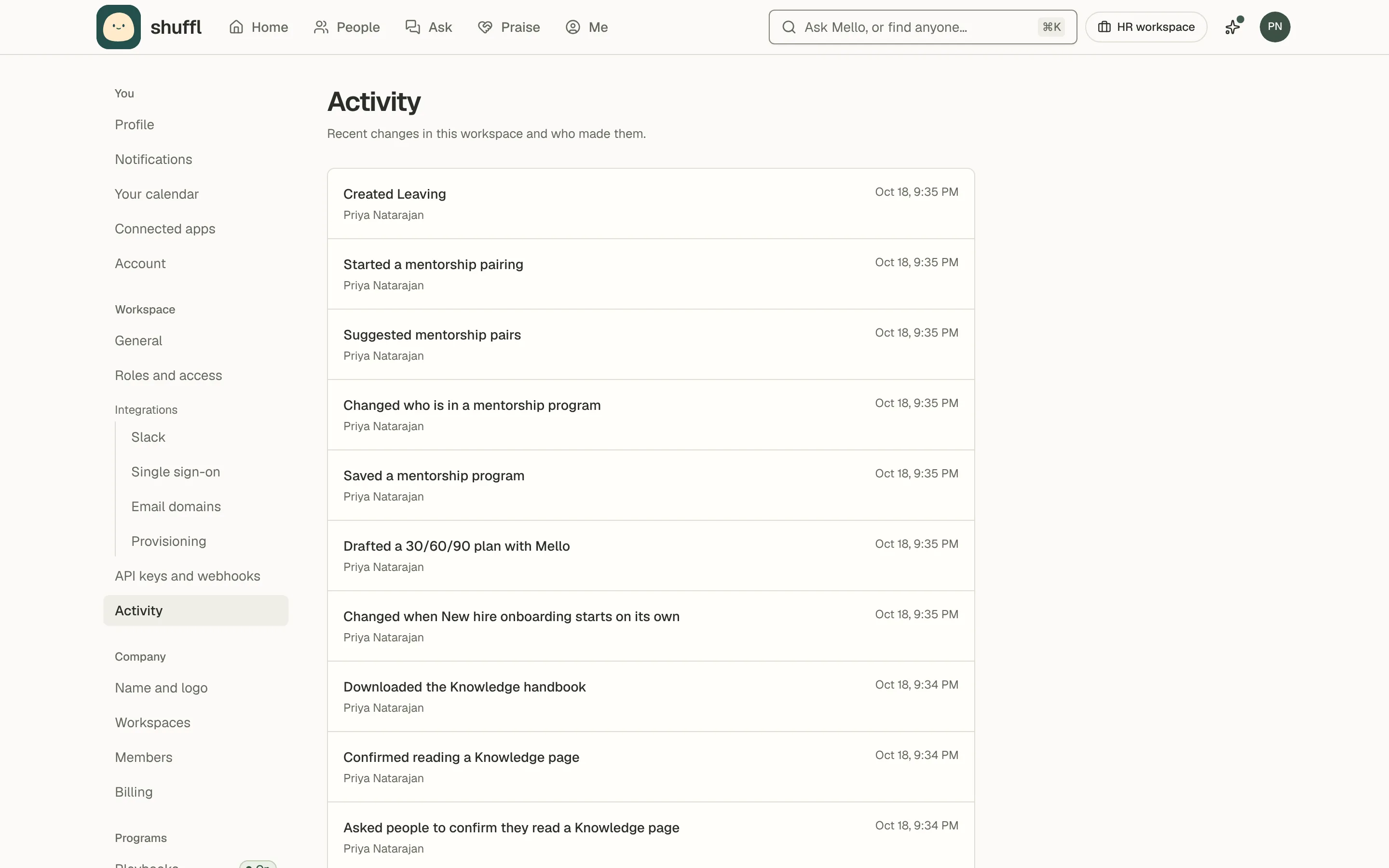 The Activity log: each row says what changed in plain words, such as a person made an HR responder, with who did it and when. Changes Shuffl made on its own are credited to Shuffl (automatic).