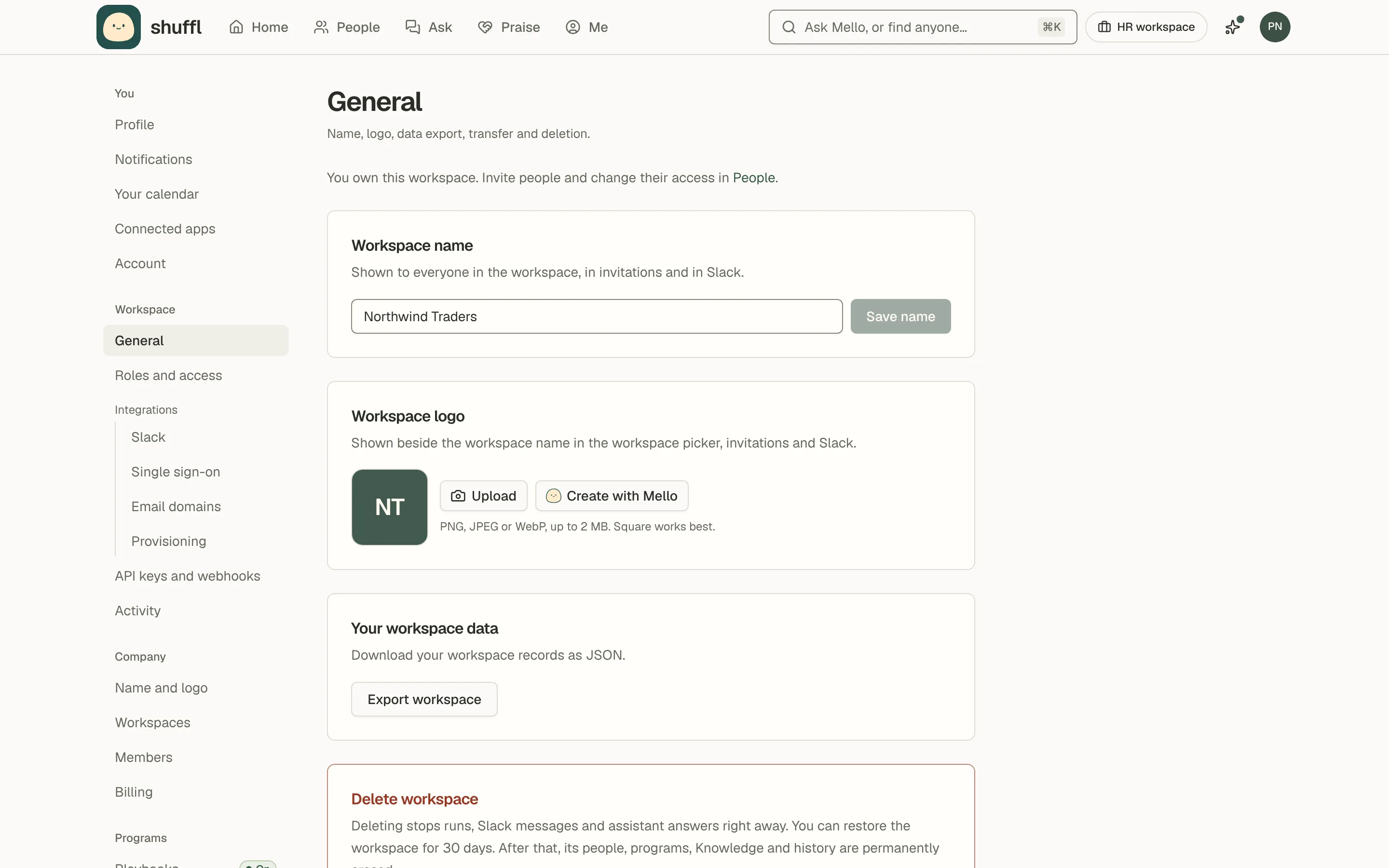 The General settings page: workspace name and logo, your workspace access with a link to its members, an export card and deletion controls for company administrators.