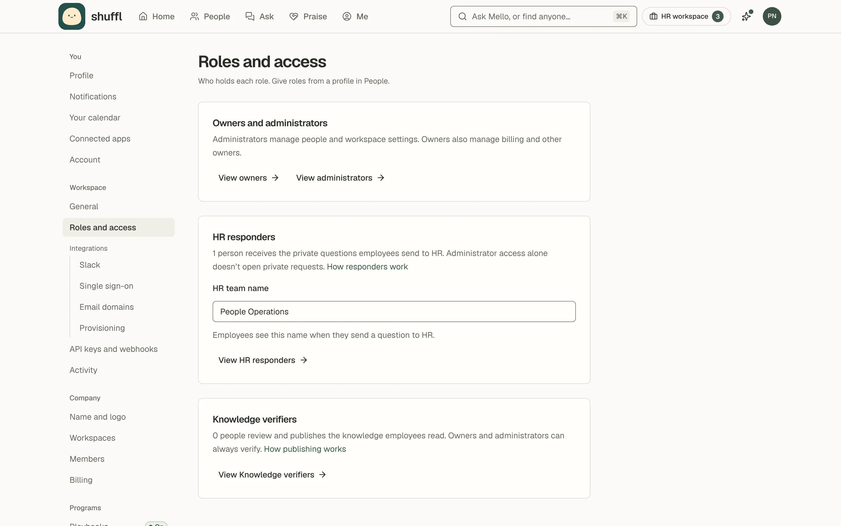 The Roles and access settings page: cards for owners and administrators, HR responders with the HR team name, and Knowledge verifiers, each with a link to view who holds the role.