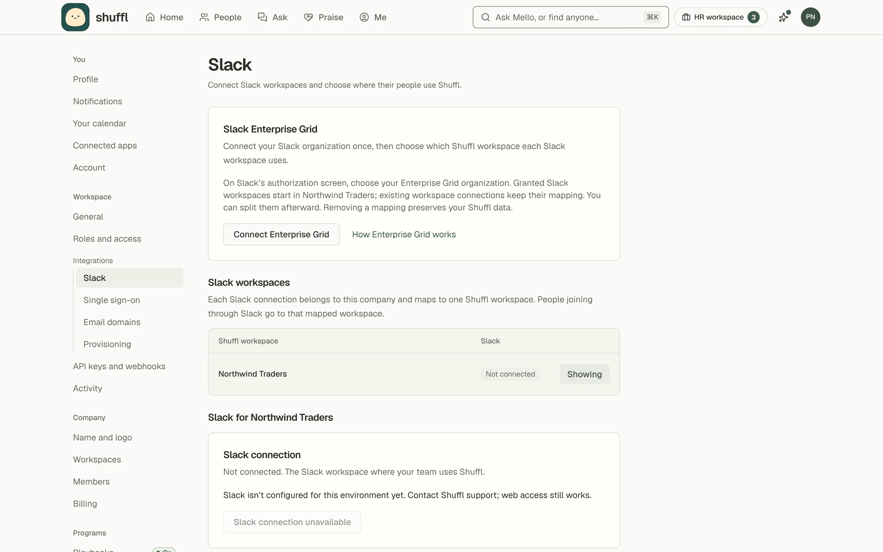 The Slack settings page, with a Shuffl workspace picker, its connection state and controls for welcome messages, profile links and sign-in access.