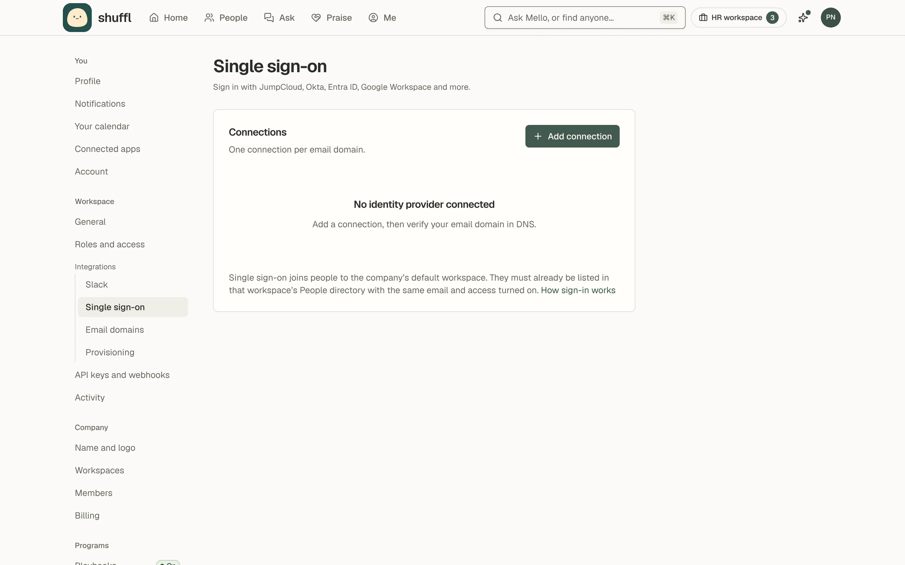 The Single sign-on settings page: a connections list with Add connection, a DNS verification card and the identity provider values Shuffl expects, such as the redirect URI and metadata URL.