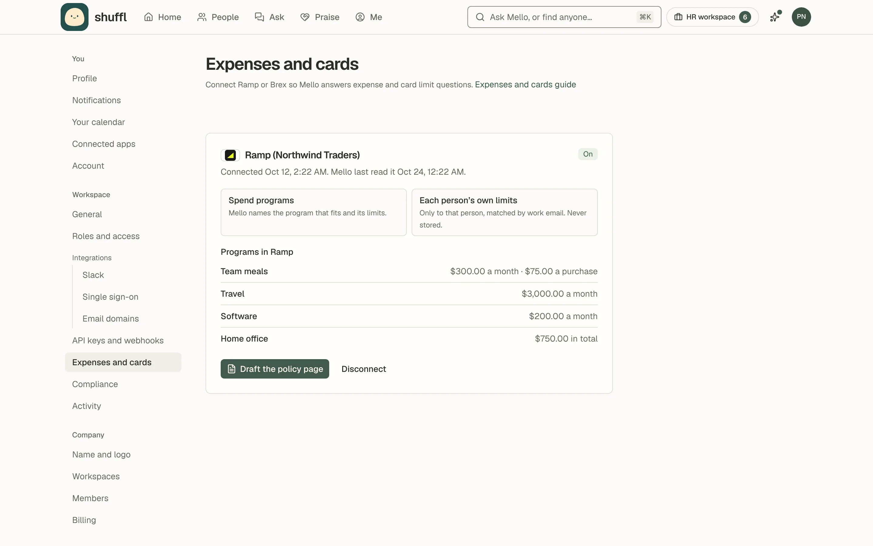 Settings → Expenses and cards for Northwind Traders: a Ramp connection marked On, its spend programs with monthly limits and per-purchase caps, and the Draft the policy page and Disconnect buttons.