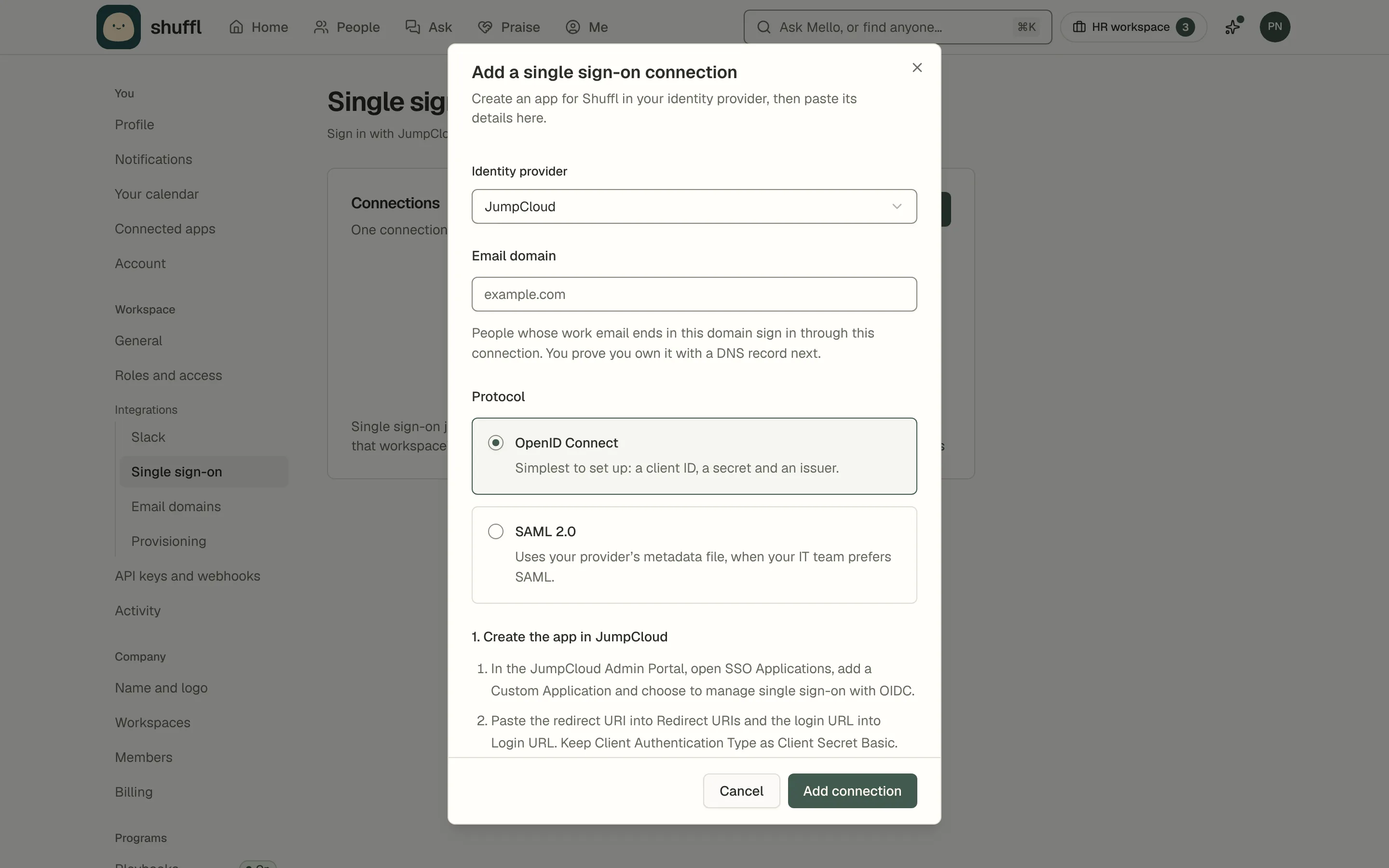 The Add a single sign-on connection dialog over the Single sign-on settings page: an Identity provider choice set to JumpCloud, an Email domain field, OpenID Connect and SAML 2.0 options, and the first steps for creating the app in JumpCloud.