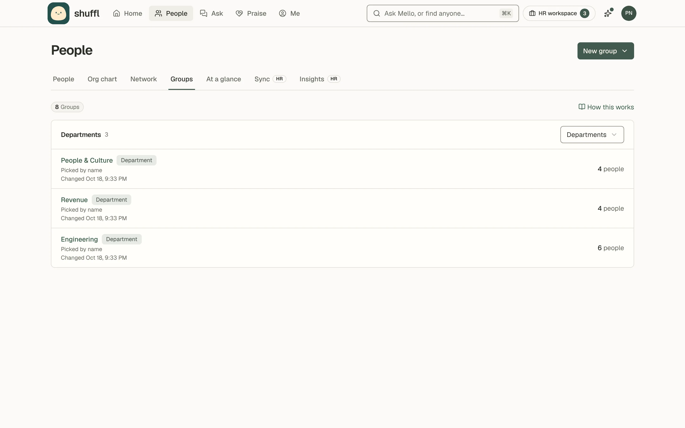 The Groups tab of People with Departments chosen in the type filter: departments such as Engineering, Revenue and People & Culture, each marked Department, with how many people are in it.