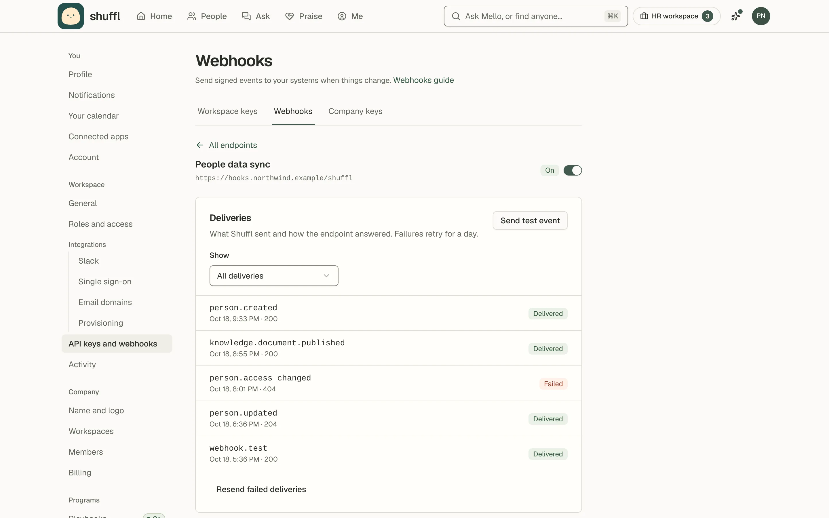 The Webhooks tab of API keys and webhooks for Northwind Traders: an endpoint at hooks.northwind.example with its on switch, and its deliveries, four delivered and one failed with a 404.