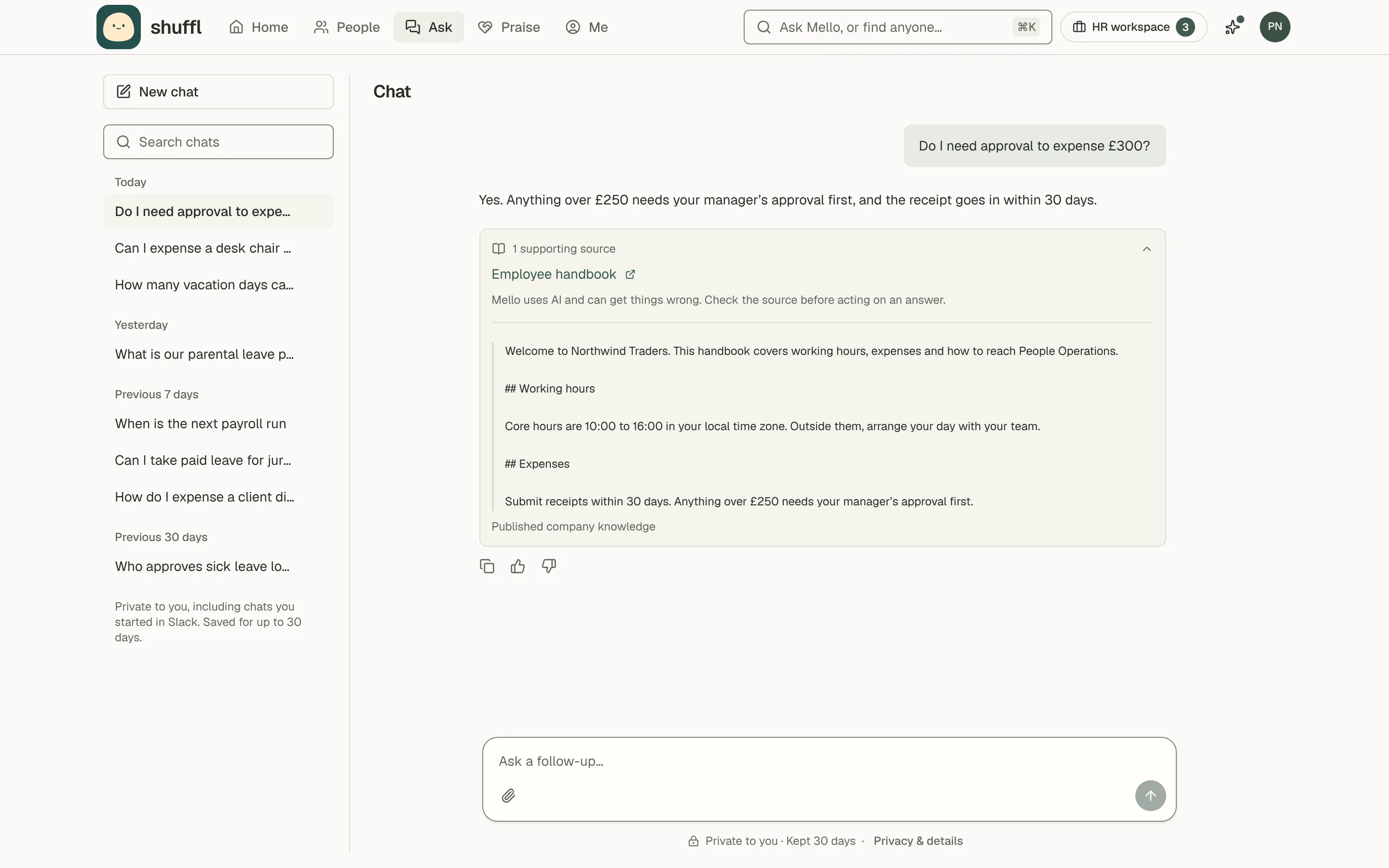 A Chat answer about expensing £300 with its supporting source opened: a link to the Employee handbook and the excerpt Mello relied on, including the Expenses heading and the £250 approval limit.